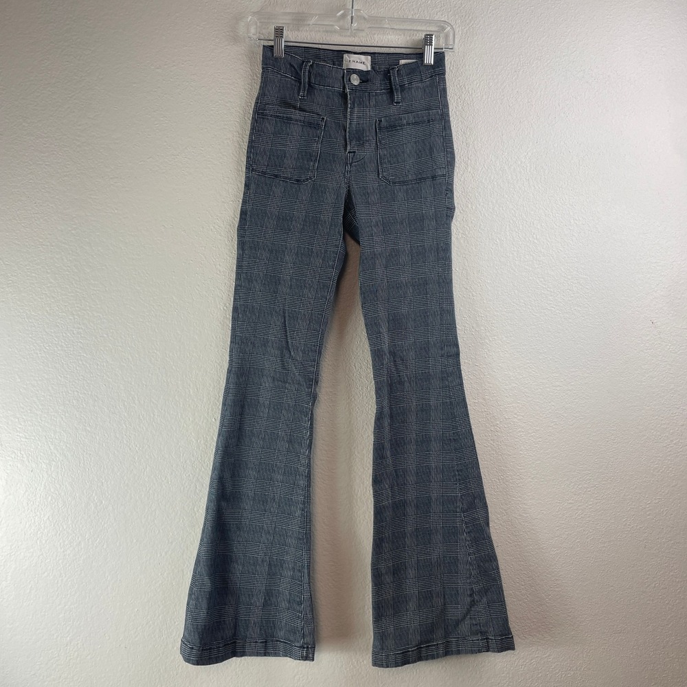 FRAME Le Bardot Flare Jeans 24 Noir Multi Glen Plaid‎ Patch Pocket Y2K Preppy